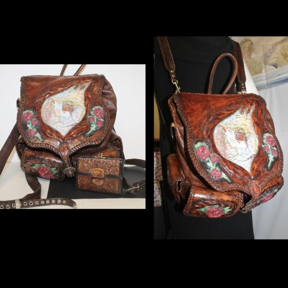 New Handmade Tooled Roses Angel Backpack & Wallet - Picture 2 of 16